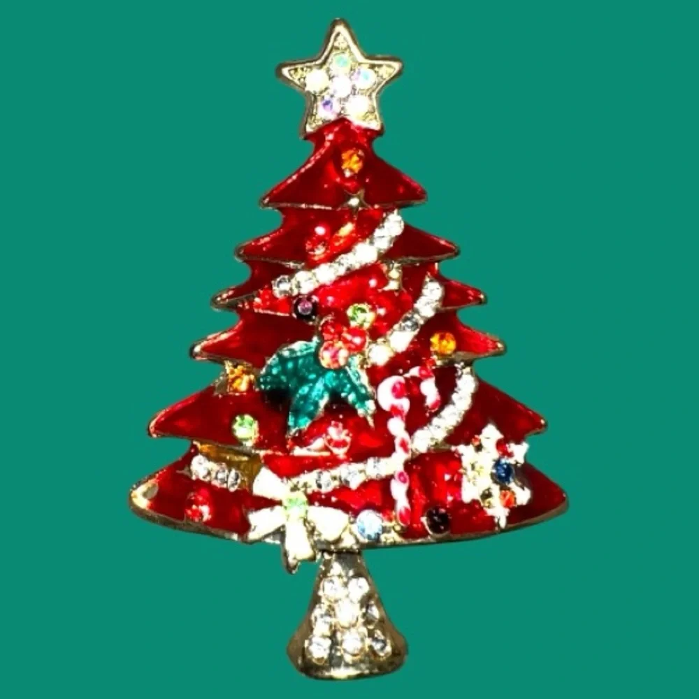 Festive Red Christmas Tree Brooch